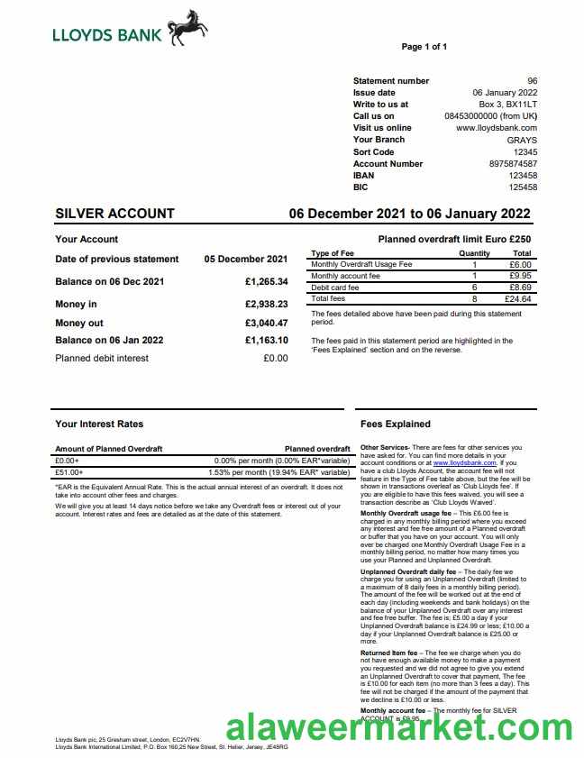 United Kingdom Lloyds bank statement Word and PDF template, version 2
